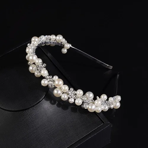 Vista 3 de Jumwrit Diadema de boda con perlas, corona de tiara de diamantes de imitación, corona de flores plateadas, accesorio para el cabello de princesa
