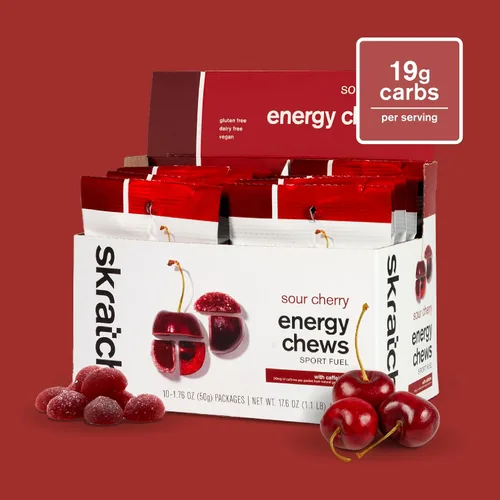 Vista 2 de Skratch Labs Energy Chews Gomitas de cafeína para correr, ciclismo y rendimiento deportivo, alternativa al gel, cereza agria (paquete de 10), sin