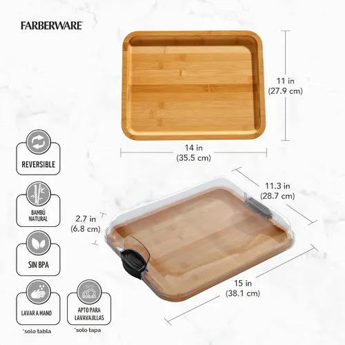 Vista 6 de FAREBERWARE Build-A-Board Tabla de cortar de bambú con compartimento de almacenamiento único, tapa de bloqueo transparente, asas negras, perfecta