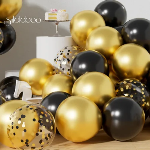Vista 5 de Globos metálicos negros y dorados de 12 pulgadas, 73 globos de látex con confeti dorado y negro, juego de globos de helio brillantes para fiestas