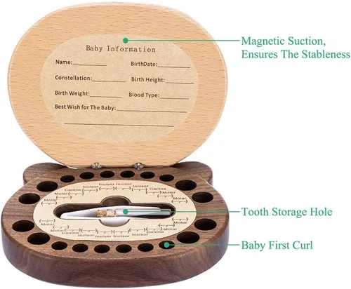 Vista 4 de AhfuLife Caja de recuerdo de dientes de bebé con botella de lanugo, caja de recuerdo de madera con forma de panda para los primeros dientes