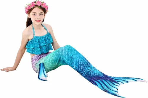 Vista 4 de Colas de sirena para nadar para niñas, 5 piezas, conjunto de traje de baño de bikini de 4 a 13 años