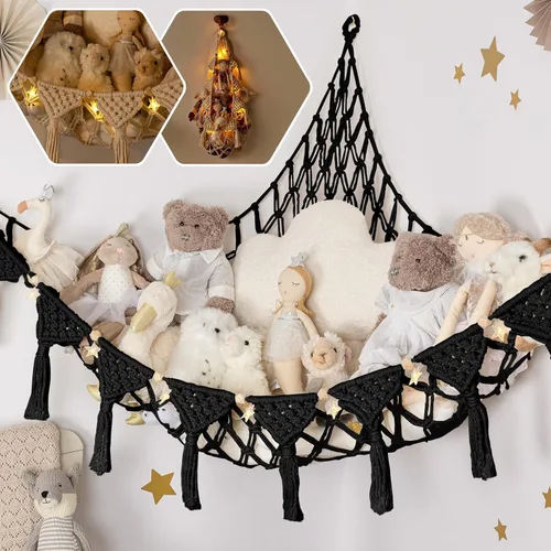 Vista 14 de TIDYTEDS Macramé DreamLights Hamaca de Red de Almacenamiento de Animales de Peluche Boho Extra Grande Soporte de Almacenamiento de Juguetes de Azul