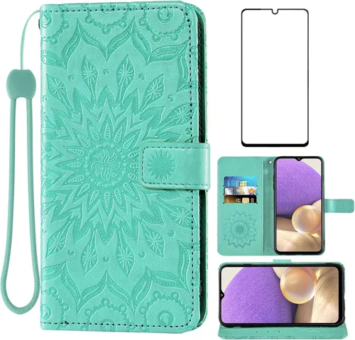 Vista 12 de Funda de teléfono para Samsung Galaxy A32 5G de 6.5 pulgadas con protector de pantalla de vidrio templado y cubierta delgada de cuero, soporte