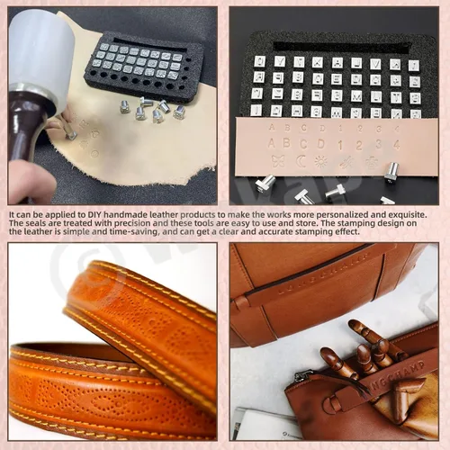 Vista 7 de Wokape 70 herramientas de estampado de cuero para manualidades, letras mayúsculas y patrones con 32 impresiones de alfabeto de 1/4 pulgadas / 0.256