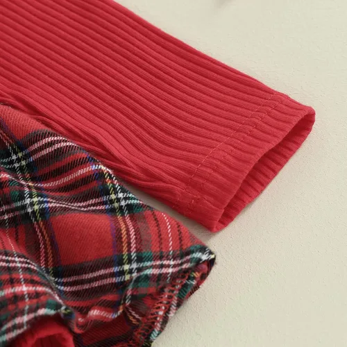 Vista 6 de Douhoow Conjunto de traje de Navidad a cuadros para bebé recién nacida, camiseta de manga larga, pantalones cortos con tirantes y diadema, 3