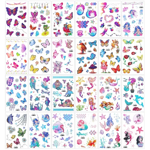 Vista 6 de Konsait Tatuaje Temporal con Purpurina para Niñas, 24 Hojas de Calcomanías de Tatuaje de Mariposa Sirena Hada Flores para Niños, Tatuajes Falsos