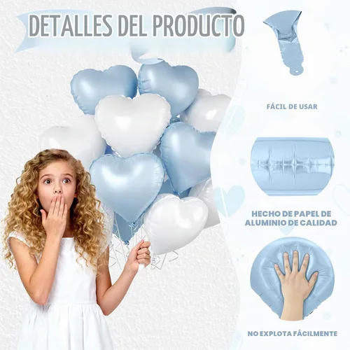 Vista 3 de Globos de corazón azul bebé, 10 piezas de globos en forma de corazón azul claro y blanco pastel, globos de papel de aluminio blanco arena crema