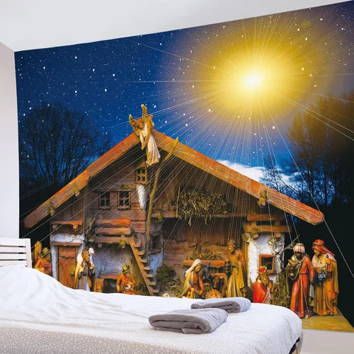 Vista 8 de HVEST Tapiz de cielo estrellado de Jesús, tapiz de belén, Jesucristo, nacido en el pesebre, para colgar en la pared, creyentes cristianos, hombres