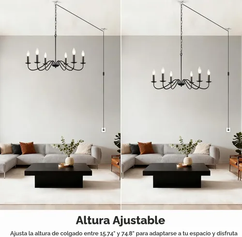 Vista 7 de Lámpara de araña enchufable con cable largo, candelabros estilo granja negros de 6 luces para lámpara de comedor, luces colgantes con cable 12 luces