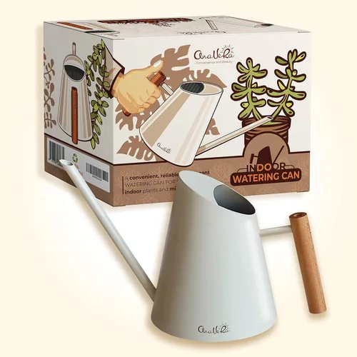 Vista 3 de AnaVeRa Regadera para plantas de interior, pequeña lata de agua de acero inoxidable con boquilla larga recta, regadera con mango de madera para casa