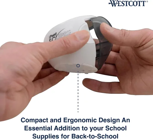Vista 5 de Westcott iPoint Eclipse - Sacapuntas de batería, tecnología única de dos cuchillas, depósito EZ-View, requiere 4 pilas AA, blanco, para el hogar