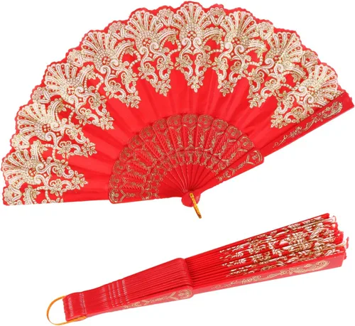 Vista 7 de INNOLIFE Abanico de mano plegable español con patrón retro para mujeres, abanico plegable chino de mano para fiestas, baile, bodas y decoración