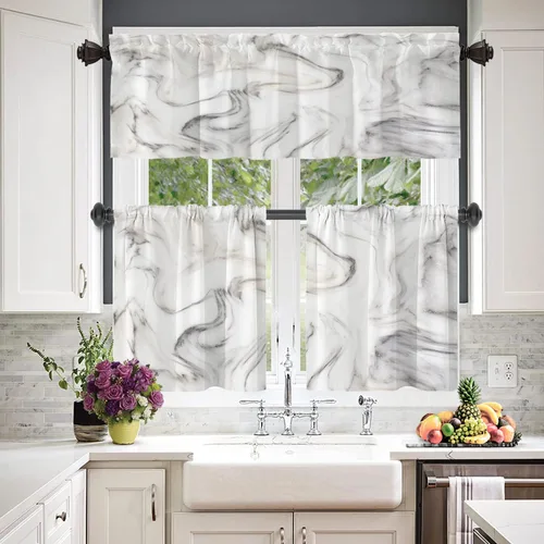 Vista 2 de BaoNews Cenefas de cocina de mármol abstracto blanco y gris para ventanas, cenefas opacas con ondas curvas, cortinas de poliéster multicapa