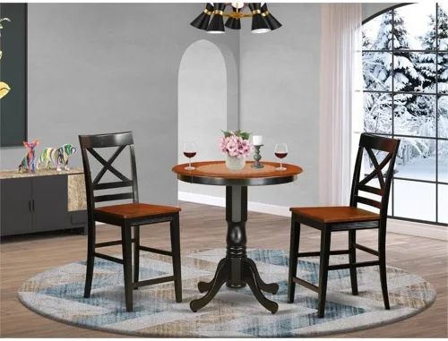 Vista 2 de East West Furniture EDQU3-BLK-W - Juego de mesa de comedor de 3 piezas de altura para encimera de cocina, contiene una mesa redonda de madera