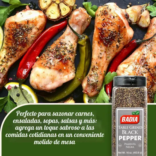 Vista 4 de Molinillo de pimienta de mesa Badia, 16 onzas. La pimienta negra de alta calidad añade un sabor audaz a carnes, huevos, verduras, sopas