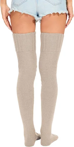 Vista 6 de HYTENSUN Calcetines altos de punto para mujer, calcetines altos gruesos por encima de la rodilla, calcetines de tubo de ganchillo, calentadores