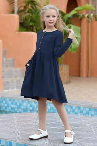 Vista 3 de Gorlya - Vestido de manga corta con botones y cintura plisada para niñas de 4 a 12 años
