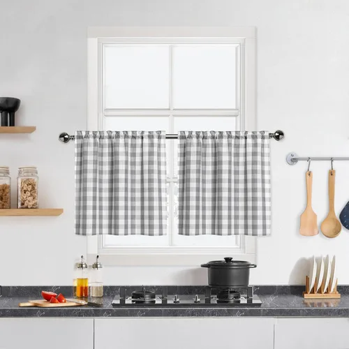 Vista 19 de Cortinas de Cocina Estilo Granja de Cuadros Vichy Blanco y Negro de 24 Pulgadas de Largo, Cortinas de Café de Media Ventana de Cuadros Buffalo