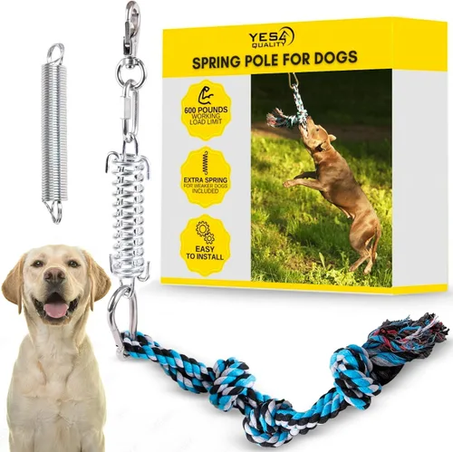 Vista 9 de YES4QUALITY Poste de coqueteo para perros – Seguro y fuerte para razas grandes con cuerda no elástica – Poste de resorte para tira y afloja, juego