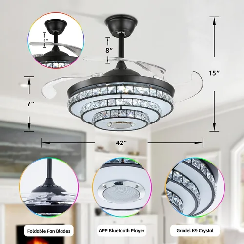 Vista 2 de Ventilador de techo inteligente tipo candelabro de 42 pulgadas con luz, ventilador de techo candelabro retráctil con altavoz Bluetooth y control