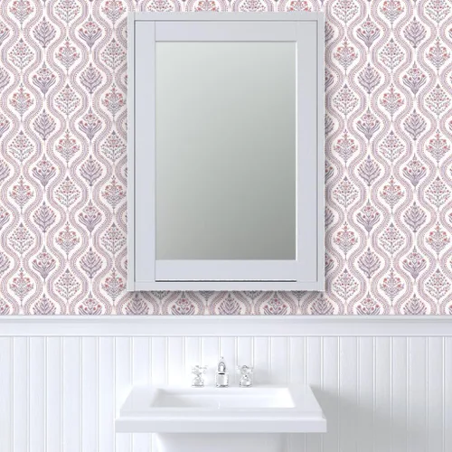 Vista 9 de Despegar y pegar papel tapiz Muestra, damasco botánico, elegante, jardín, lila, rojo quemado, escala media, Grandmillenial Ogee Papel pintado