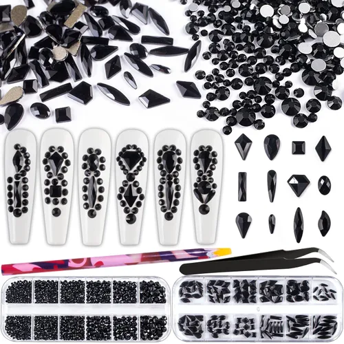 Vista 30 de Juego de 3440 piezas de cristales de vidrio transparente blanco y AB, en 6 tamaños con lápiz recogedor, pinzas para manicura con brillo iridiscente