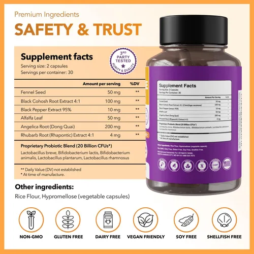 Vista 7 de Suplemento completo de apoyo para la menopausia para mujeres Sinbiótico de menopausia con cohosh negro, Dong Quai, raíz de ruibarbo Ayuda a