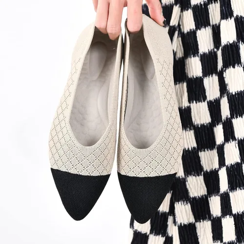 Vista 4 de Buyrew Zapatos planos de ballet con punta puntiaguda para mujer, zapatos de vestir de punto, cuña baja, soporte de arco, caminar, oficina, negocios