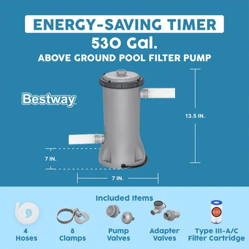 Vista 2 de Bestway Flowclear - Cartucho de bomba de filtro de agua para piscina sobre el suelo, 530 galones por hora, 120 voltios con temporizador de apagado