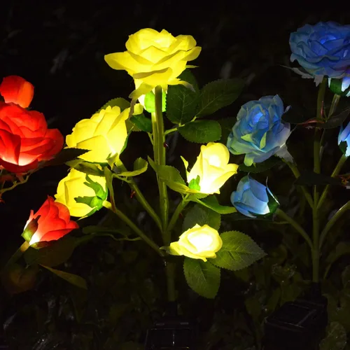 Vista 5 de [6 flores mejoradas] Luces de rosas artificiales alimentadas por energía solar, iluminación impermeable para decoración de jardín al aire libre