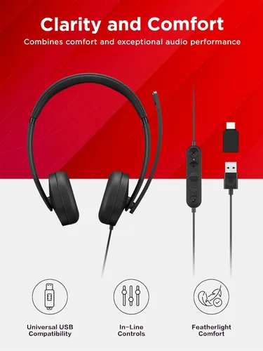 Vista 3 de Lenovo 115 Auriculares con cable estéreo USB-A/USB-C – Ligeros, con cancelación de ruido, caja de control en línea, adaptador USB-A a USB-C, diseño