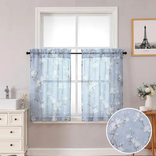 Vista 29 de SMILE WEAVER 2 paneles de cortinas traslúcidas turquesa de 45 pulgadas de largo, para sala de estar, cortinas semitransparentes florales
