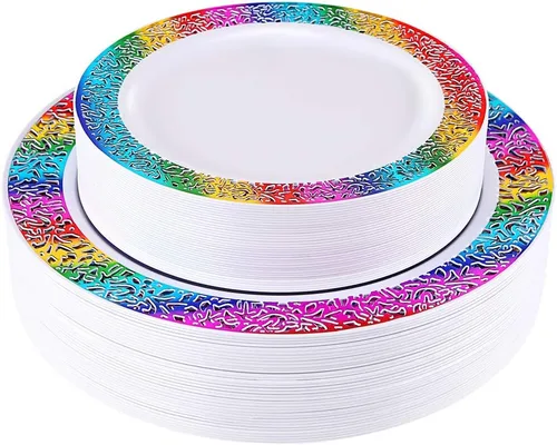 Vista 11 de Supernal 120 platos de plástico iridiscente brillante, platos desechables para fiestas, día de San Valentín, día de la madre y Pascua, platos