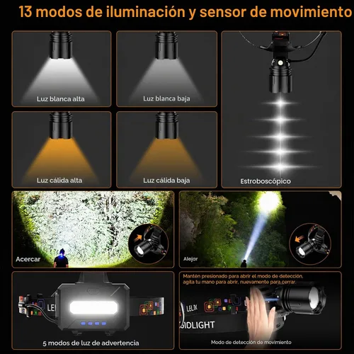 Vista 5 de SKYFIRE Linterna frontal recargable de 3000 lúmenes, faros LED más brillantes para adultos con batería de 7500 mAh, sensor de movimiento impermeable