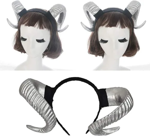 Vista 3 de NUOBESTY Diadema de cuerno de oveja, diadema de cuernos de demonio del diablo para disfraz de Halloween, cosplay, accesorios de fotos (plateado)