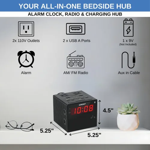 Vista 6 de Sonnet Estación de carga de reloj despertador, radio AM FM, puertos de carga USB duales, salidas de CA duales, reloj despertador muy fuerte