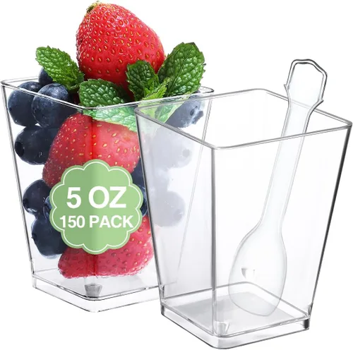 Vista 11 de SHOPDAY Vasos de postre de plástico de 5 oz: paquete de 30 vasos cuadrados transparentes con cucharas, pequeños vasos de parfait, mini vasos