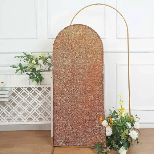 Vista 5 de Efavormart - Marco de fondo redondo de elastano dorado antiguo brillante de 5 pies, cubierta metálica brillante para arco de boda de 2 lados