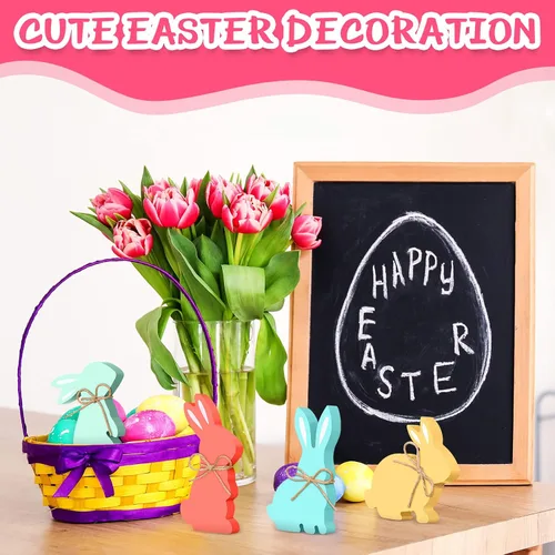 Vista 6 de 4 piezas de decoración de mesa de conejo de Pascua, letreros de madera con cuerda, decoración de conejo de primavera, decoración de bandeja