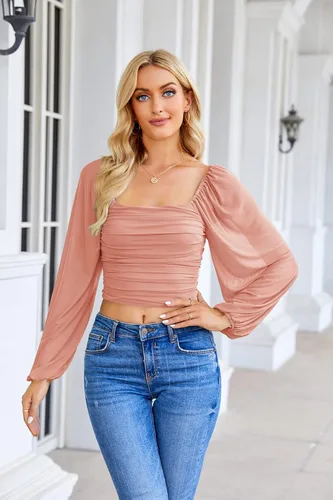 Vista 3 de Wenrine Blusa corta de malla de manga larga para mujer, para salir por la noche, cuello cuadrado, hombros descubiertos, blusa fruncida, elegante