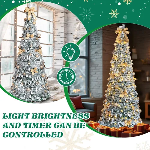 Vista 3 de Árbol de Navidad desplegable de 7 pies con luces, árbol de Navidad plegable preiluminado con 170 luces blancas cálidas y 8 modos intermitentes Verde
