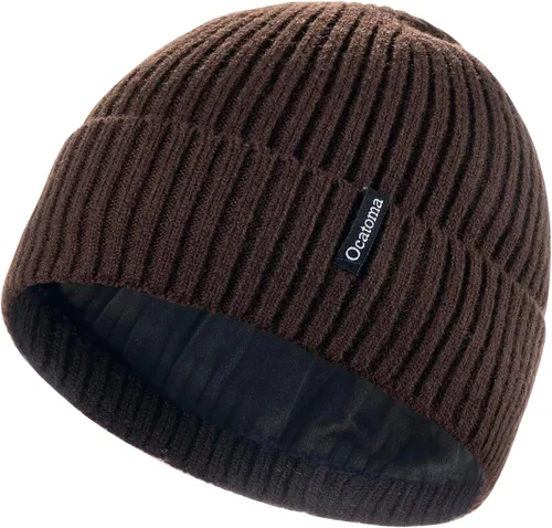 Vista 28 de Ocatoma Gorro para hombre y mujer, cálido gorro de invierno tejido con puños, suave y cálido, gorro de esquí unisex Camello gris