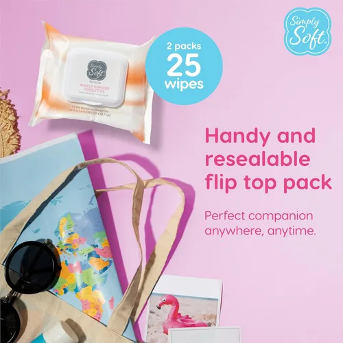 Vista 5 de Simply Soft - Toallitas desmaquillantes prémium de 25 unidades (2 paquetes abatibles), aroma cítrico, toallitas de maquillaje para pieles sensibles