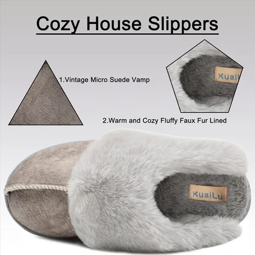 Vista 3 de KuaiLu Pantuflas mullidas de espuma viscoelástica doble para mujer, acogedoras con soporte de arco cálido, pantuflas de meter cómodas