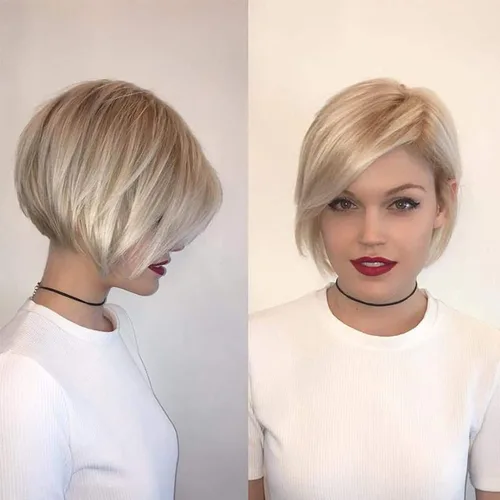 Vista 2 de TISHINING Pelucas rubias cortas en capas para mujeres blancas, longitud de la barbilla, color rubio ceniza, parte lateral, peluca Pixie Bob, cabello