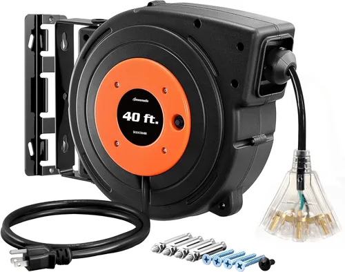 Vista 12 de DEWENWILS Carrete de Cable de Servicio Pesado, Cable de Extensión de Alimentación Retráctil de 40 Pies, 12AWG/3C SJTOW, 3 Tomas Triples Iluminadas