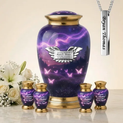 Vista 18 de Juego de 6 urnas de cremación decorativas personalizadas con diseño de mariposa azul para cenizas humanas, incluye 1 urna grande para cenizas