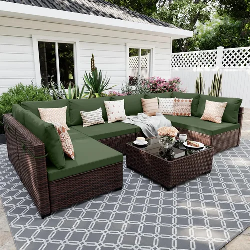 Vista 14 de UPHA Juego de muebles de mimbre para patio de 5 piezas con mesa auxiliar Cojín de ratán marrón y beige