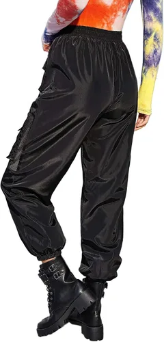 Vista 2 de Floerns Pantalones cargo deportivos de cintura alta con cordón en contraste de malla para mujer